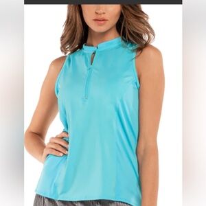 Lucky in Love Ruching Along Polo Top Womens Size Large Sky Blue Sleeveless Golf